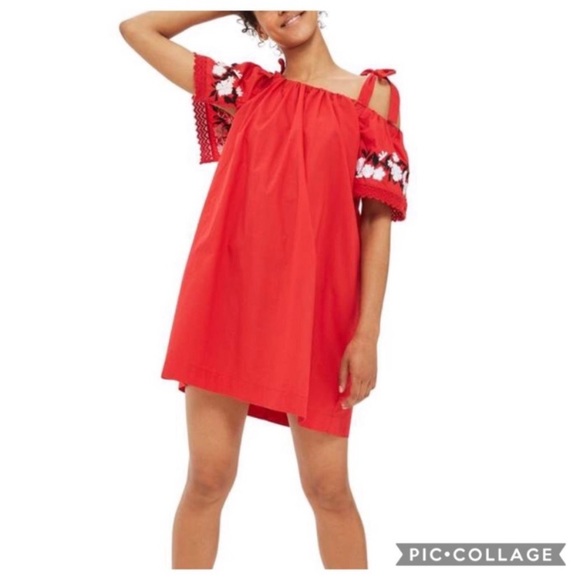 Topshop Dresses & Skirts - 2/$10 Topshop Red Cold Shoulder Embroidered Dress